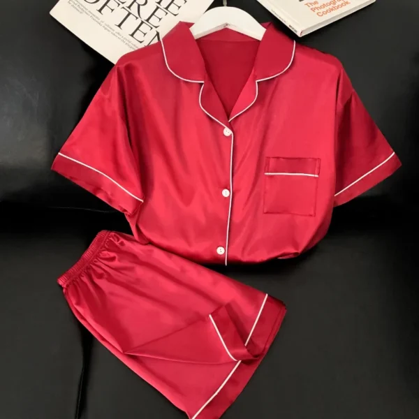 Pajamas Sets for Women's Summer Ice Silk Satin Pyjamas Smooth High Grade Red Short Sleeve Shorts Sweet Home Set Pijama Mujer (Copy) - Image 3
