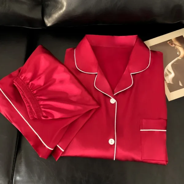 Pajamas Sets for Women's Summer Ice Silk Satin Pyjamas Smooth High Grade Red Short Sleeve Shorts Sweet Home Set Pijama Mujer (Copy) - Image 4