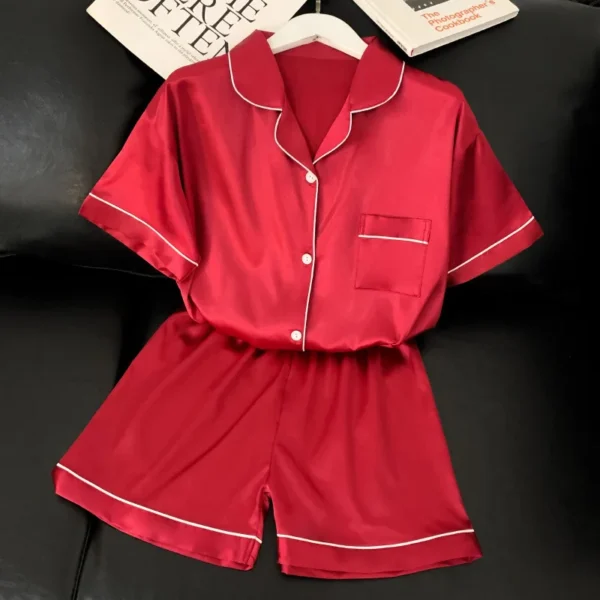 Pajamas Sets for Women's Summer Ice Silk Satin Pyjamas Smooth High Grade Red Short Sleeve Shorts Sweet Home Set Pijama Mujer (Copy) - Image 2