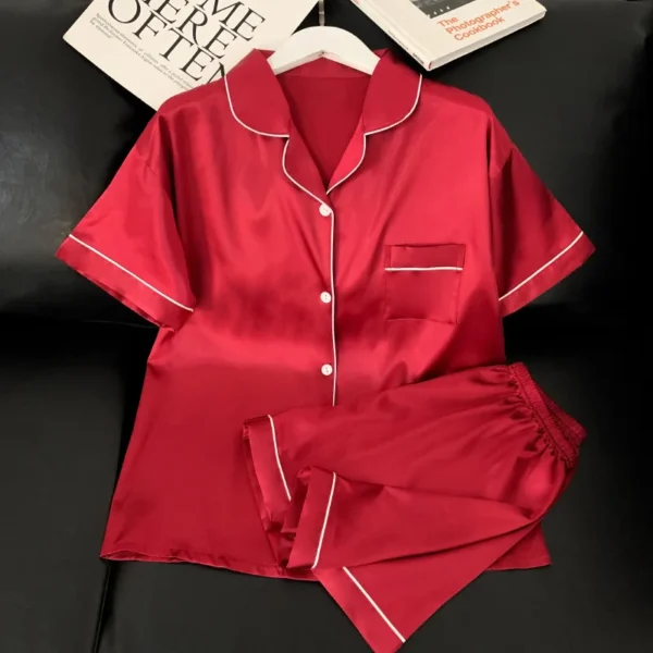 Pajamas Sets for Women's Summer Ice Silk Satin Pyjamas Smooth High Grade Red Short Sleeve Shorts Sweet Home Set Pijama Mujer (Copy)