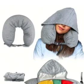 1 hooded travel pillow with storage bag - soft, fillable neck pad suitable for airplane travel, car travel, clothing styling des