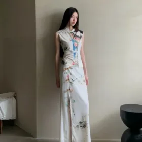 CHEERART Vintage Floral White 2 Pieces Set For Woman Mesh Summer Outfit Cheongsam Top And Long Skirt Set Elegant Clothes
