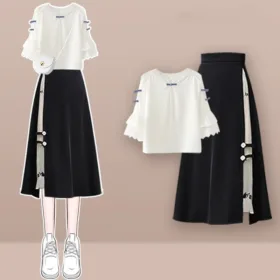 Summer Chinese Vintage Outfits Women's 2024 New Short Sleeve Shirts High Waist Half Skirt 1 or Two Piece Sets Graceful Tops Suit