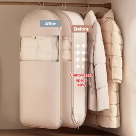 Beige Compression Hanging Bag, 40% Space-Saving Vacuum Seal, See-Through Storage with Durable Zipper for Winter Clothes