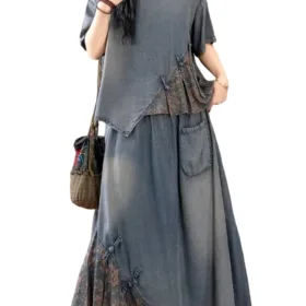 AmaxluluE Summer Suits Women Chinese 2 Pieces Sets Casual Loose Printed Denim Outfits Fashion Vintage Tops Big Size Floral Skirt