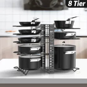 Pot Rack Organizer, 8 Tier Pots and Pans Organizer for Kitchen Organization & Storage, Adjustable Pot Lid Holders & Pan Rack
